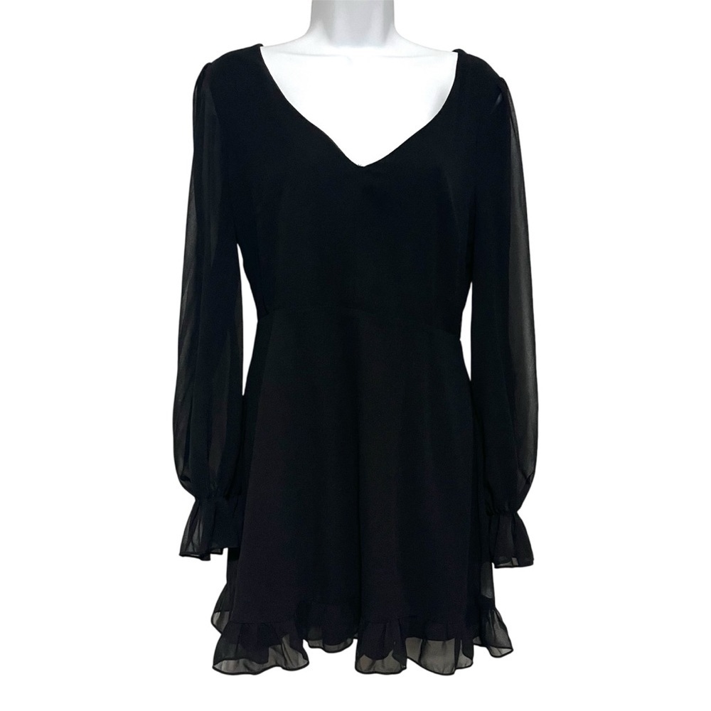 Lulu's Chiffon Elegant Black Sheer Sleeve Dress Open Back Size Large LBD Hoco